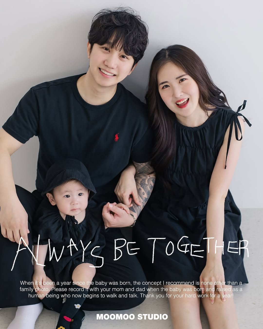 Photo by MOOMOO STUDIO 무무스튜디오 on September 29, 2025. May be an image of 3 people, child, magazine and text that says 'AWAYS BE TOGETHER When it's been year since the baby was born the concept recommend is none other than a family photo Please record with your mom and dad when the baby was born and raised as a human human-being being who now begin walk and talk. Thank you for your hard work fo year! MOOMOO STUDIO'.