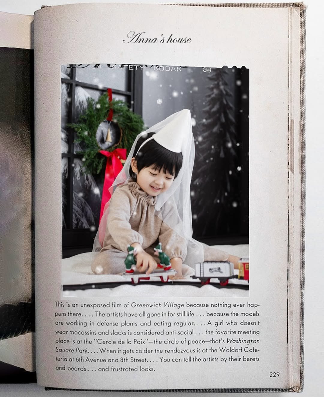 Photo by MOOMOO STUDIO 무무스튜디오 on December 30, 2025. May be an image of baby, duffle coat, hat, magazine, book and text that says 'Anna Anna'shouse s house MEFETYMKODAK WKODAK 0త్ 참미고록, This is an unexposed film of Greenwich Village because nothing ever hap- pens pensthere.. there. have gone for still stillli |life because the models working defense plants and eating regular. who doesn't wear mocassins slacksi anti-social. .the favorite meeting place "Cercle de| la Paix" -the circle peace-that's Washington Square quarePark.. Park.. .When gets colder the rendezvousi the teria 6thAvenue and 8th Street. .. You can tell the artists by their berets and beards and frustrated looks. 229'.