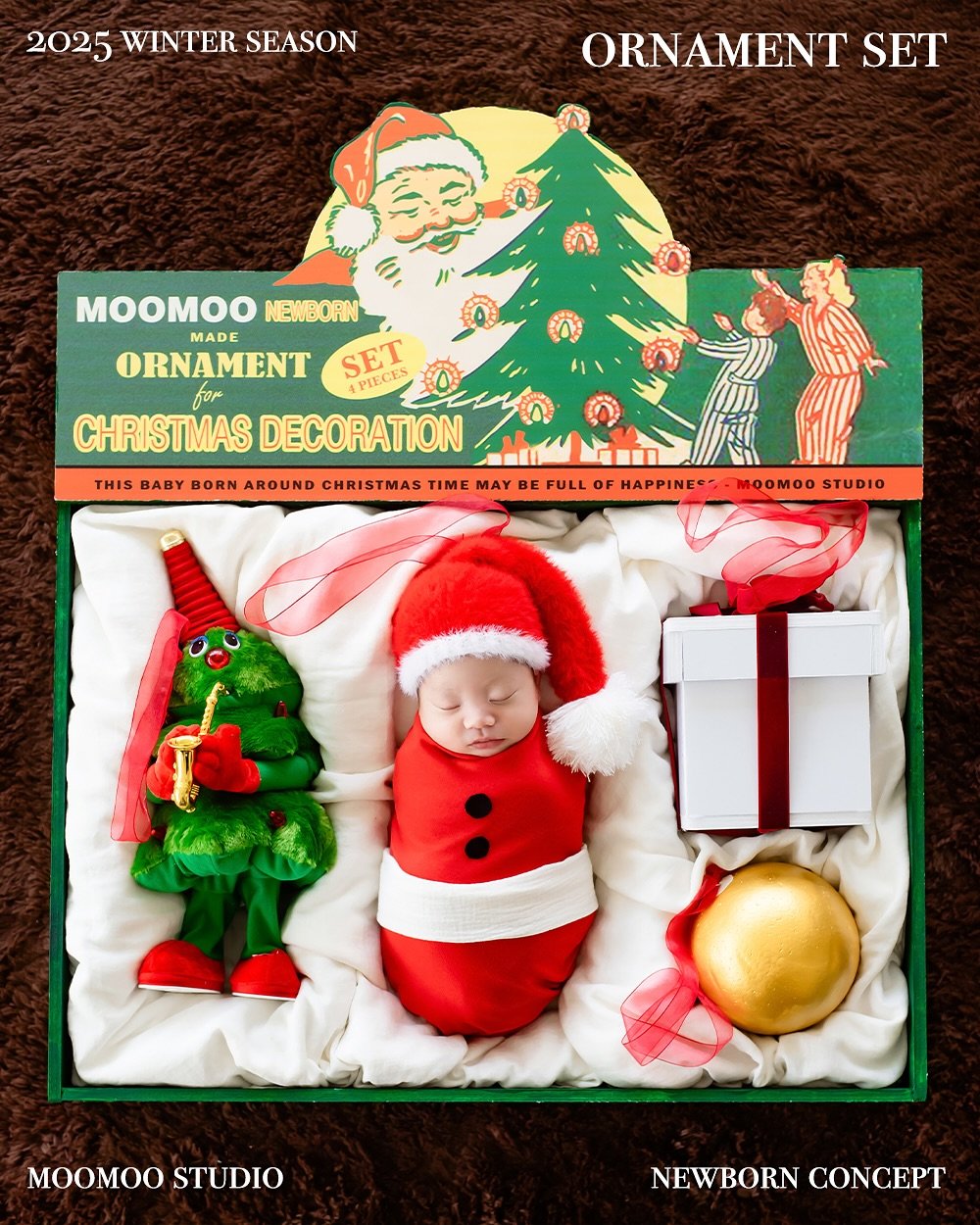 Photo by MOOMOO STUDIO 무무스튜디오 on November 12, 2025. May be an image of baby, magazine, tinsel, poster and text that says '2025 WINTER SEASON ORNAMENT SET MOOMOO NEWBORN MADE ORNAMENT SET PIECES CHRISTMAS our for DECORATION THIS BABY BORN AROUND CHRISTMAS TIME MAY BE FULL OF HAPPINES MOOMOO STUDIO OOOO MOOMOOSTUDIO STUDIO NEWBORN NEWBORNCONCEPT CONCEPT'.