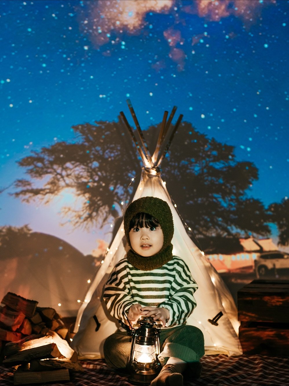 Photo by MOOMOO STUDIO 무무스튜디오 on September 22, 2025. May be an image of 1 person, child, camping, tent, headdress, outdoors and text.