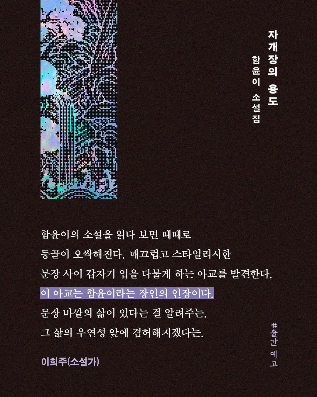 Photo by 문학과지성사 on November 11, 2025. May be an illustration of poster, magazine and text that says '자 개 함 장 윤 H용으 % HnOp H 의 o 这旺 ង 함윤이의 소설을 읽다 보면 때때로 등골이 오싹해 오싹해진다. 매끄럽고 스타일리시한 문장 사이 갑자기 입을 다물게 하는 아교를 발견한다. 이 아교는 함윤이라는 장인의 인장이다. 문장 바깥의 삶이 있다는 걸 알려주는. 그삶의 우연성 앞에 겸허해지겠다는. 이희주(소설가) 정광남 예 # 金 간 고'.