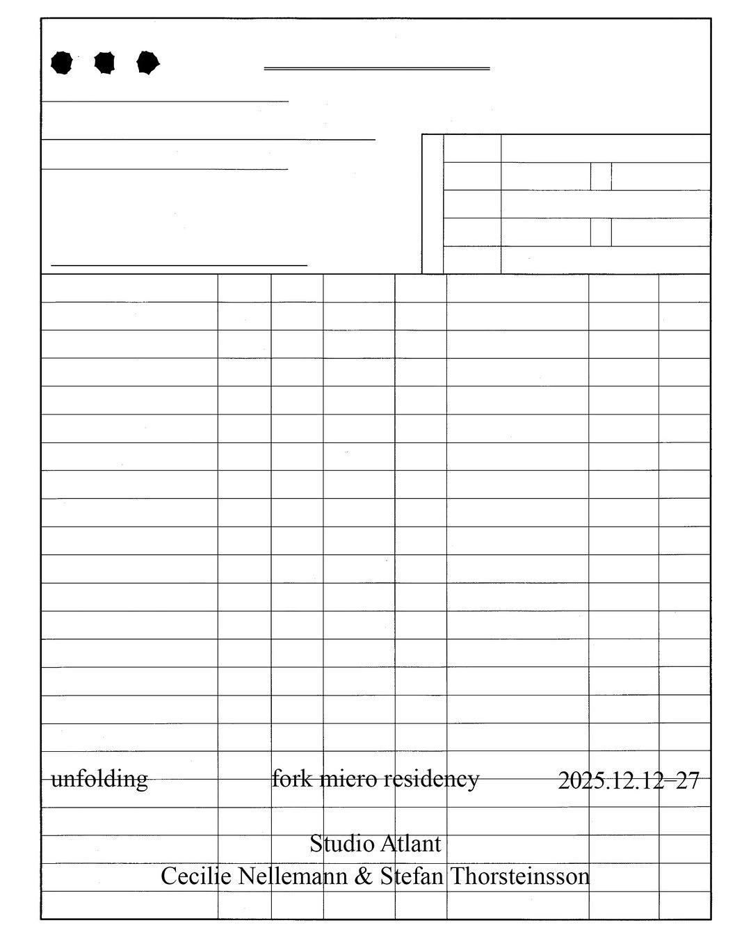 Photo shared by Moonsick Gang on December 19, 2025 tagging @forkkrof. May be an image of blueprint, floor plan, crossword puzzle, calendar and text that says 'unfeleing fork miero resideney 2025.12.12-27 Studio Atlant Cecilie Nellemann & Stefan Thorsteinsson'.