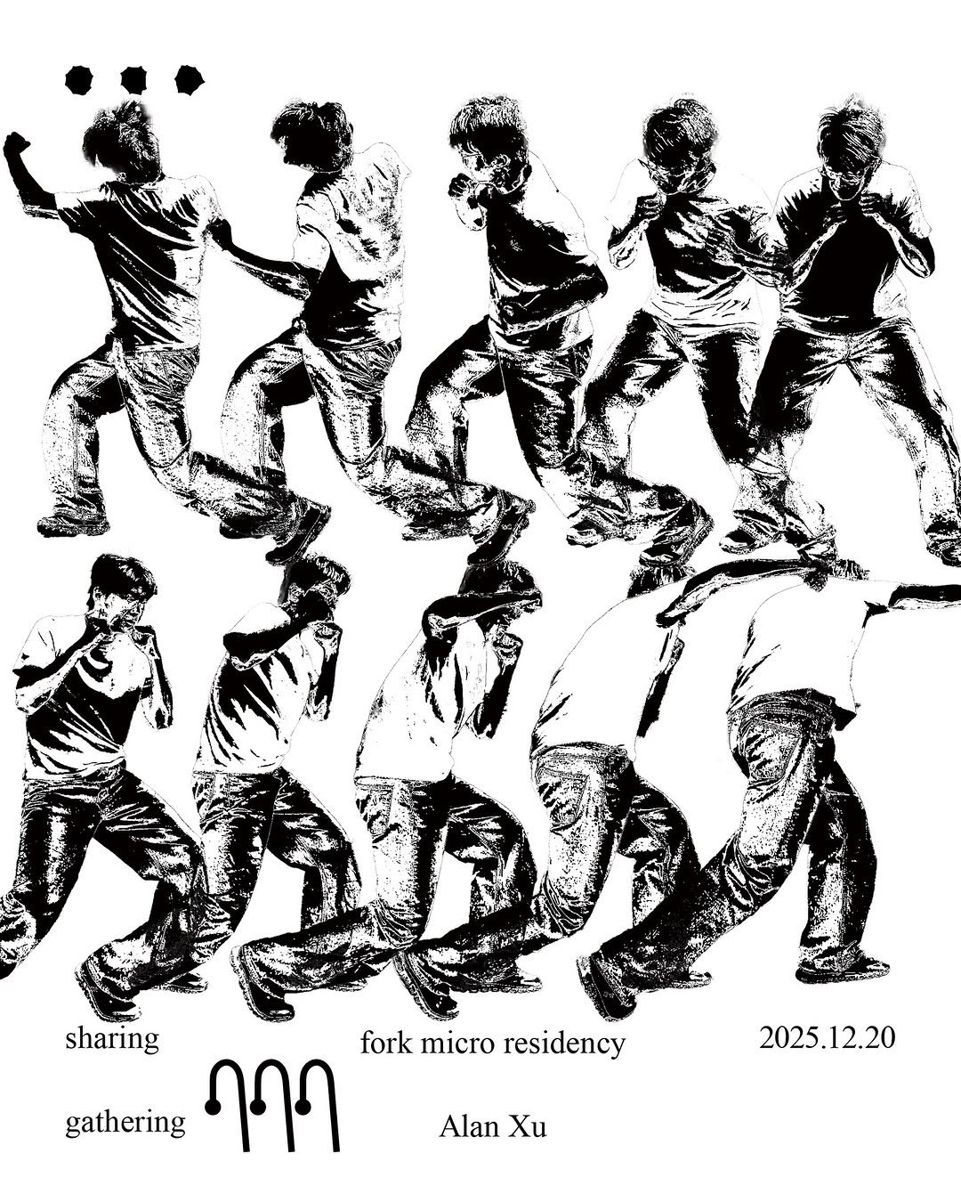 Photo shared by Moonsick Gang on December 19, 2025 tagging @forkkrof. May be pop art of ‎dancing, poster and ‎text that says '‎שועש sharing fork micro residency 2025.12.20 12.20 2025 gathering ရ၇ရ Alan Xu‎'‎‎.