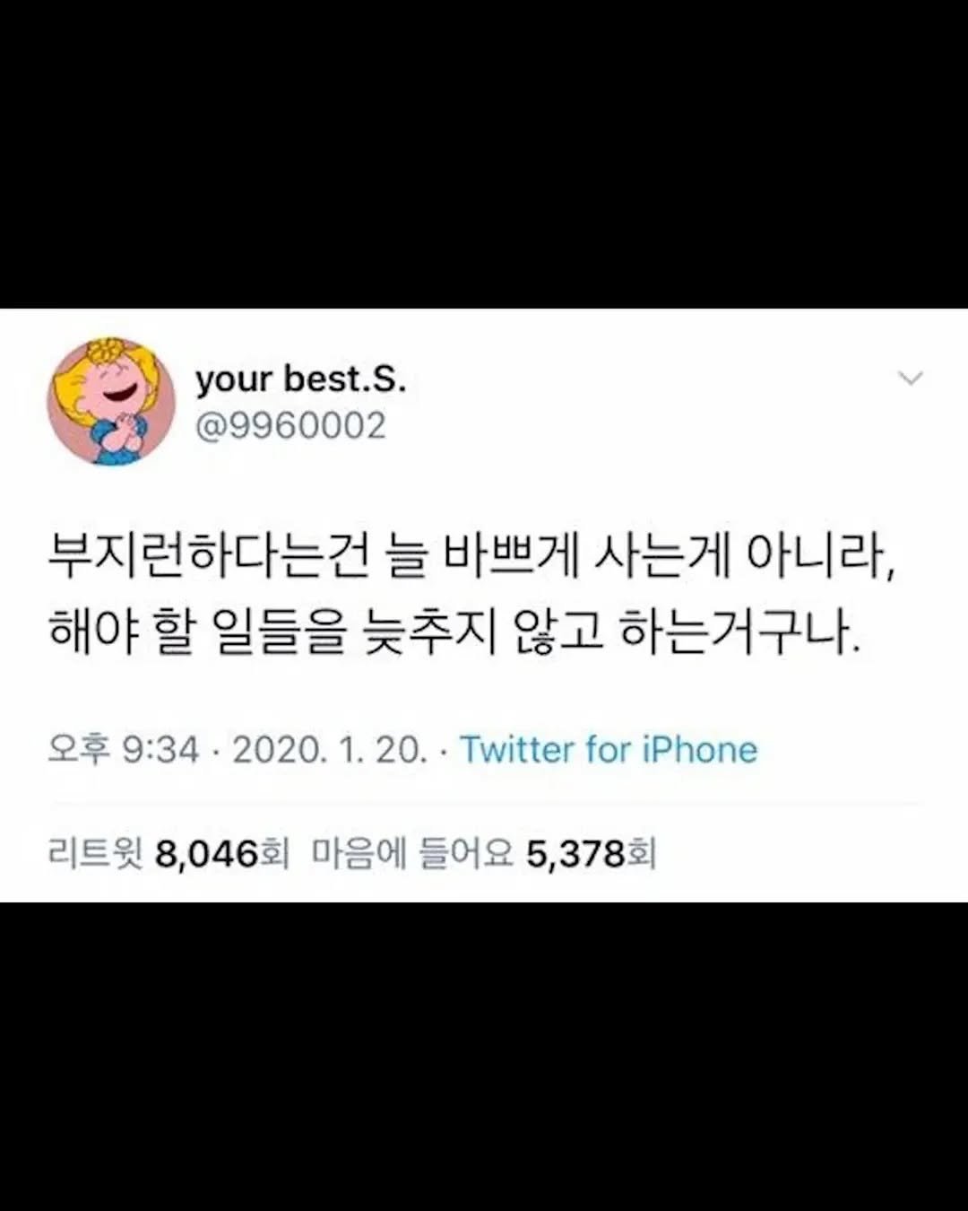 Photo by 성공법칙 on August 14, 2025. May be a Twitter screenshot of text that says 'your yourbest.S. best.s. @9960002 부지런하다는건 늘 바쁘게 사는게 아니라, 해야 할 일들을 늦추지 않고 하는거구나. 오후 9:34. 2020 2020.1.20.. 20. Twitter for iPhone 리트윗 8,046회 6회 마음에 들어요 5,378회'.