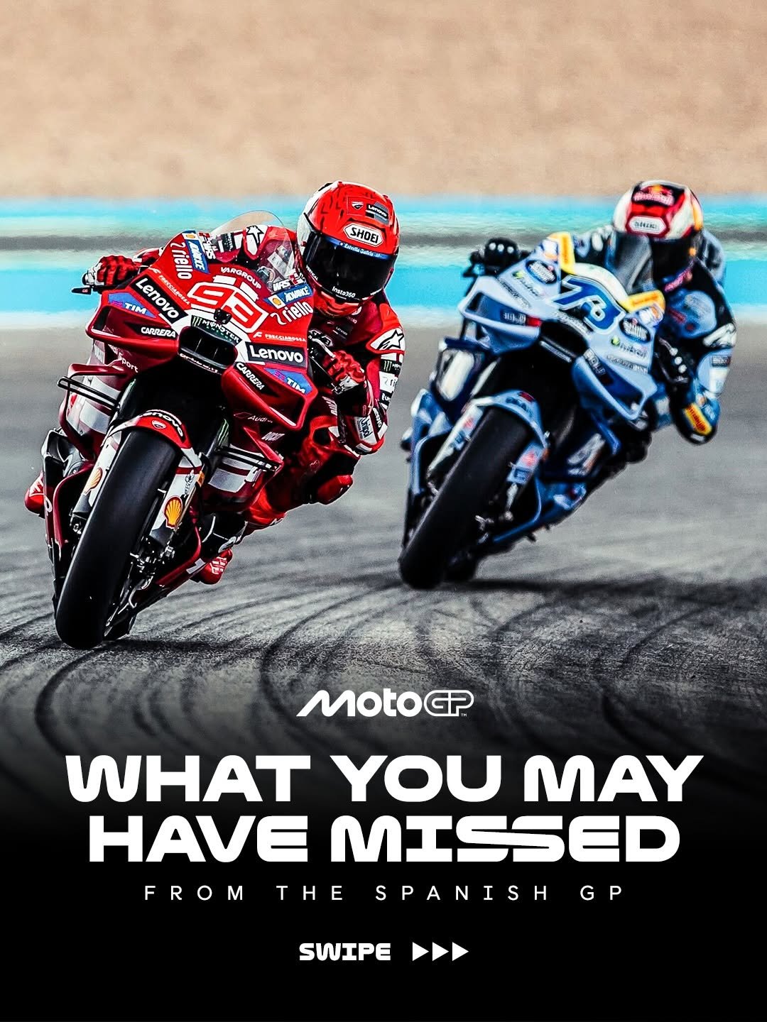 Photo shared by MotoGP™ on April 27, 2026 tagging @gresiniracing, @marcmarquez93, @alexmarquez73, and @ducaticorse. May be an image of racing vehicles, motorcycle, helmet, poster and text.