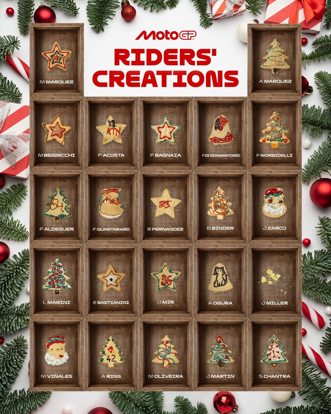 Photo shared by MotoGP™ on December 25, 2025 tagging @jackmilleraus, @bradbinder, @lucamarini10, @alexrins, @fabiodiggia49, @89jorgemartin, @bestia23, @joanmir36official, @pecco63, @marcobez72, @raulfernandez_25, @fabioquartararo20, @marcmarquez93, @maverick12official, @alexmarquez73, @37pedroacosta, @frankymorbido, @ferminaldeguer_54, @johannzarco, and @aiogura79. May be an image of card, poster, banner and text that says 'MMARQUEZ MOTOGP GP RIDERS' CREATIONS AMARQUES M BE22ECCHI P PACOSTA F BAGNAIA MORBIDELLI F ALDEGUER QUARTARARO RFERNANDEZ 8 BINDER JZARCO MARINT DASTIANIINI 96 コMIR A OGURA MILLER MVIÑALES M Αι A RINS โม OLIVEIRA JMARTIN SCHANTRA'.