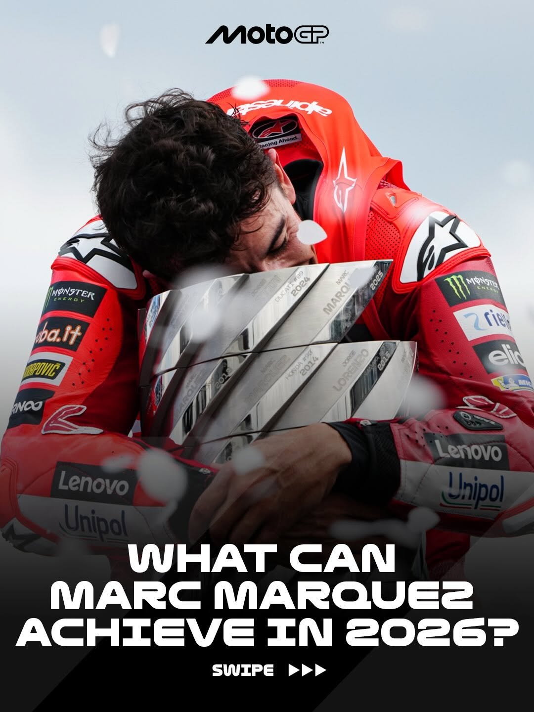 Photo by MotoGP™ on February 17, 2026. May be an image of racing vehicles, helmet and text that says 'WONSTER ba.it 2024 MAROI MAC DU 2025 ਅ PIOVIC NOO rie 2014 LORENGO O1 2015 Lenovo WHAT AN MARC MARQUEZ ACHIEVE IN 2026? SWIPE'.