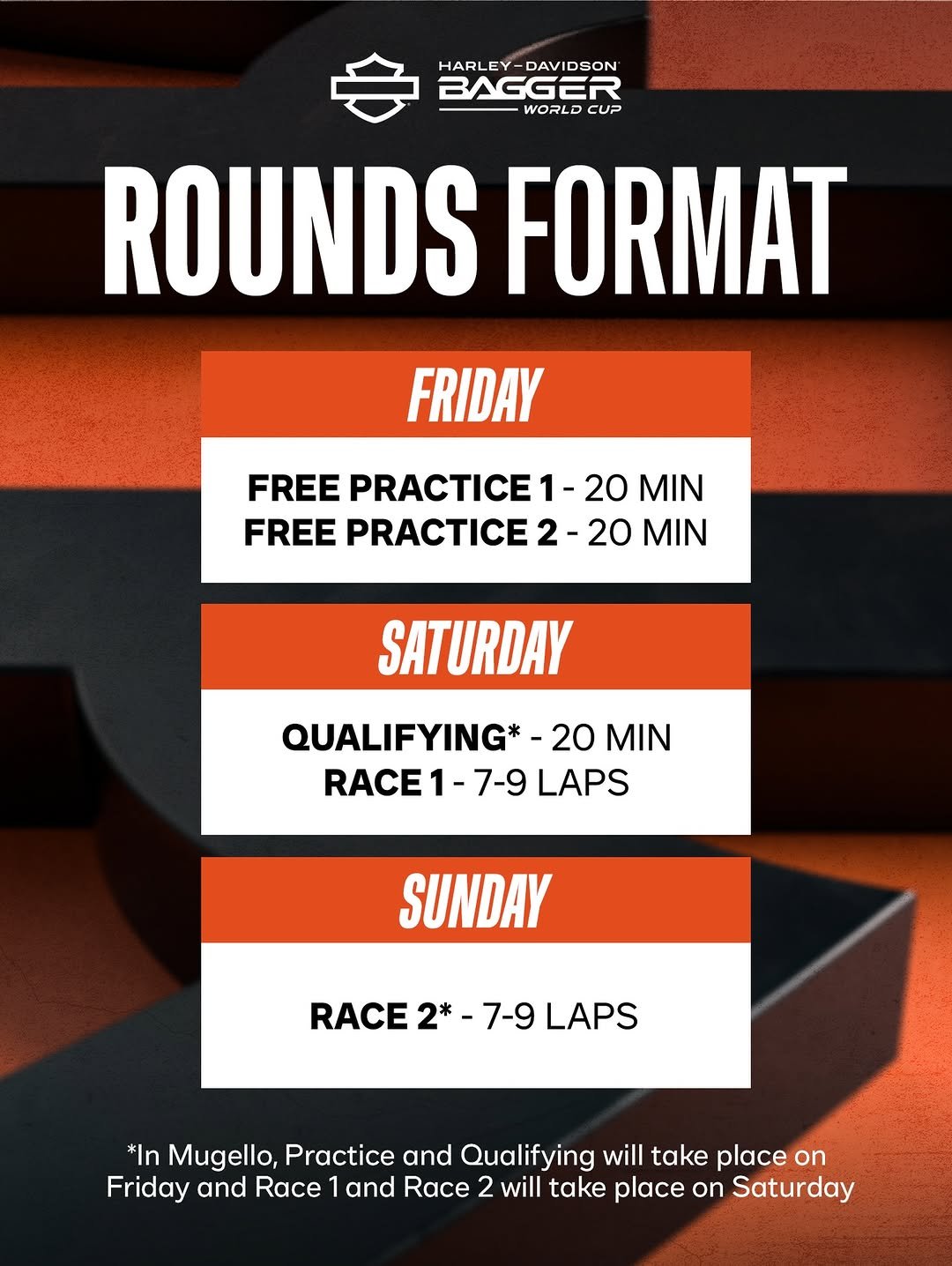 Photo shared by Harley-Davidson Bagger World Cup on February 17, 2026 tagging @motogp. May be an image of poster and text that says 'HARLEY-DAVIDSON DAVIDSO BAGGER WORLD CUP ROUNDS FORMAT FRIDAY FREE PRACTICE1- MIN FREE PRACTICE 2-20 MIN SATURDAY QUALIFYING* 20 MIN RACE1-7-9 7-9 LAPS RACE SUNDAY RACE 2*-; 7-9 LAPS *In Mugello, Practice and Qualifying will take place on Friday and Race 1and Race 2 will take place on Saturday'.