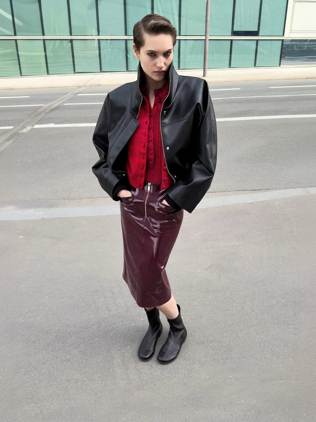 mrselfportrait 게시물 이미지: BLACK FAUX LEATHER BOMBER JACKET & PURPLE FAUX...