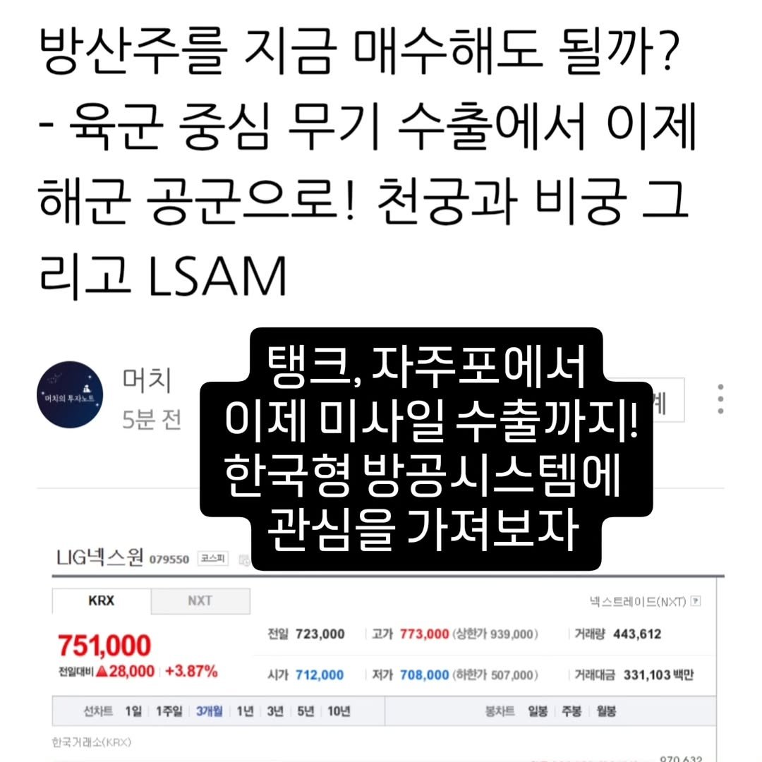 Photo by 기업 분석 및 투자 인사이트를 기록하는 머치의 투자노트 on March 15, 2026. May be an image of text that says '방산주를 지금 매수해도 될까? -육군 중심 무기 수출에서 이제 해군 공군으로! 천궁과 비궁 그 리고 LSAM 머치 5분전 분전 LG넥스원 079550 코스피 탱크, 자주포에서 이제 미사일 수출까지! 한국형 방공시스템에 관심을가져보자 관심을 가져보자 넥스트레이드(NXT) 7 KRX NXT 751,000 전일대비 28,000 +3.87% 전일723,000 전일 723,000 고가 773,000 (상현가 시가 712,000 000) 선차트 1일 1주일 3개월 거래량 443,612 저가 708,000 (하환가 1년 3년 한국거래소(KRX) 5년 ,000) 10년 거래대금 331,103 백만 봉차트 일봉 주봉 질봉'.