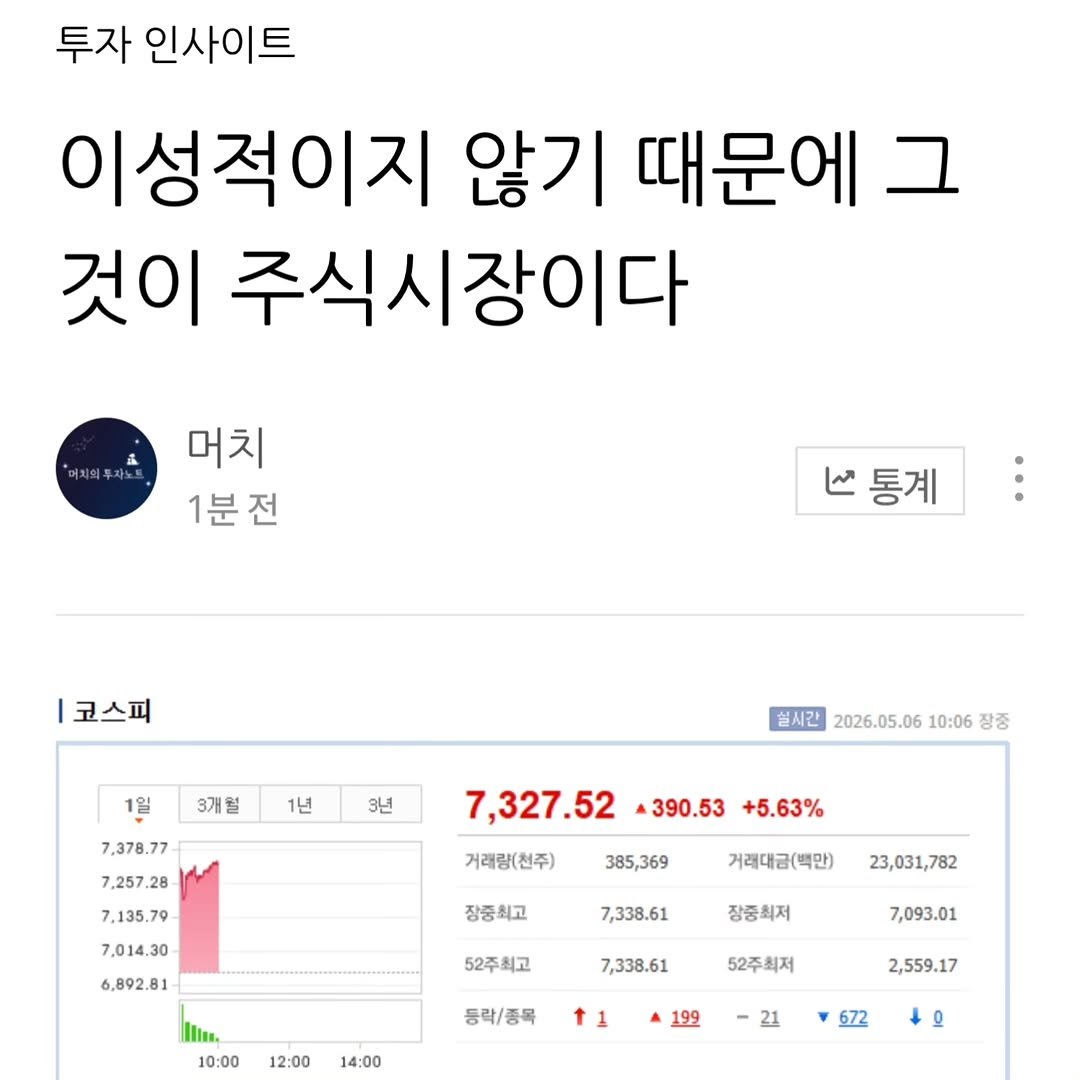 much.s_investment_note 게시물 이미지: 2026. 5. 6. 수

<이성적이지 않기 때문에 그것이 주식시장이다>

지수는...