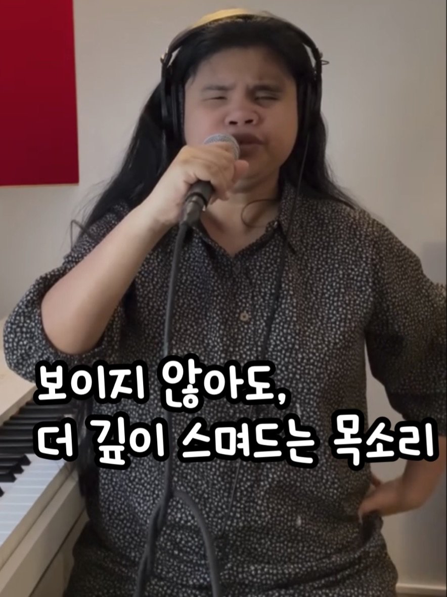 Photo by 🧁머핑 플레이리스트 I 음악 추천 채널 on February 18, 2026. May be an image of musical instrument, microphone and text that says '보이지 않아도, 더 깊이 더깊이스며드는목소리 스며드는 목소리'.