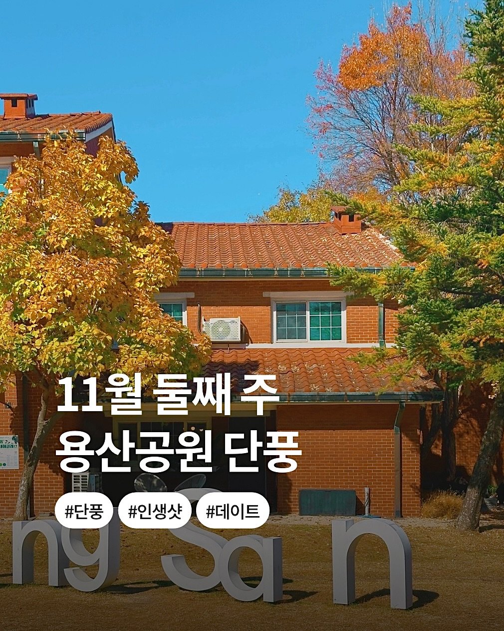 Photo shared by Kim Mumu on November 14, 2025 tagging @wooji_nii. May be an image of ‎outdoors and ‎text that says '‎म ح 11월 둘째 월둘째주 주 용산공원 단풍 #단풍 #인생샷 #데이트‎'‎‎.