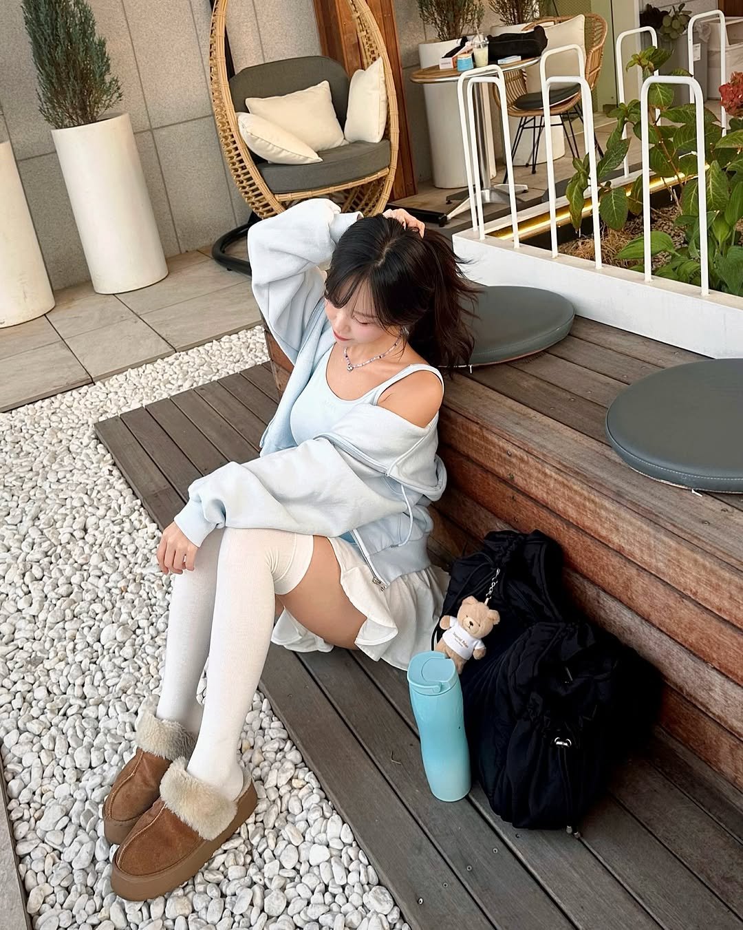 Photo shared by Kim Mumu on September 30, 2025 tagging @southsoundsori, and @lazyz.official. May be an image of 1 person, miniskirt, cornflower and text.