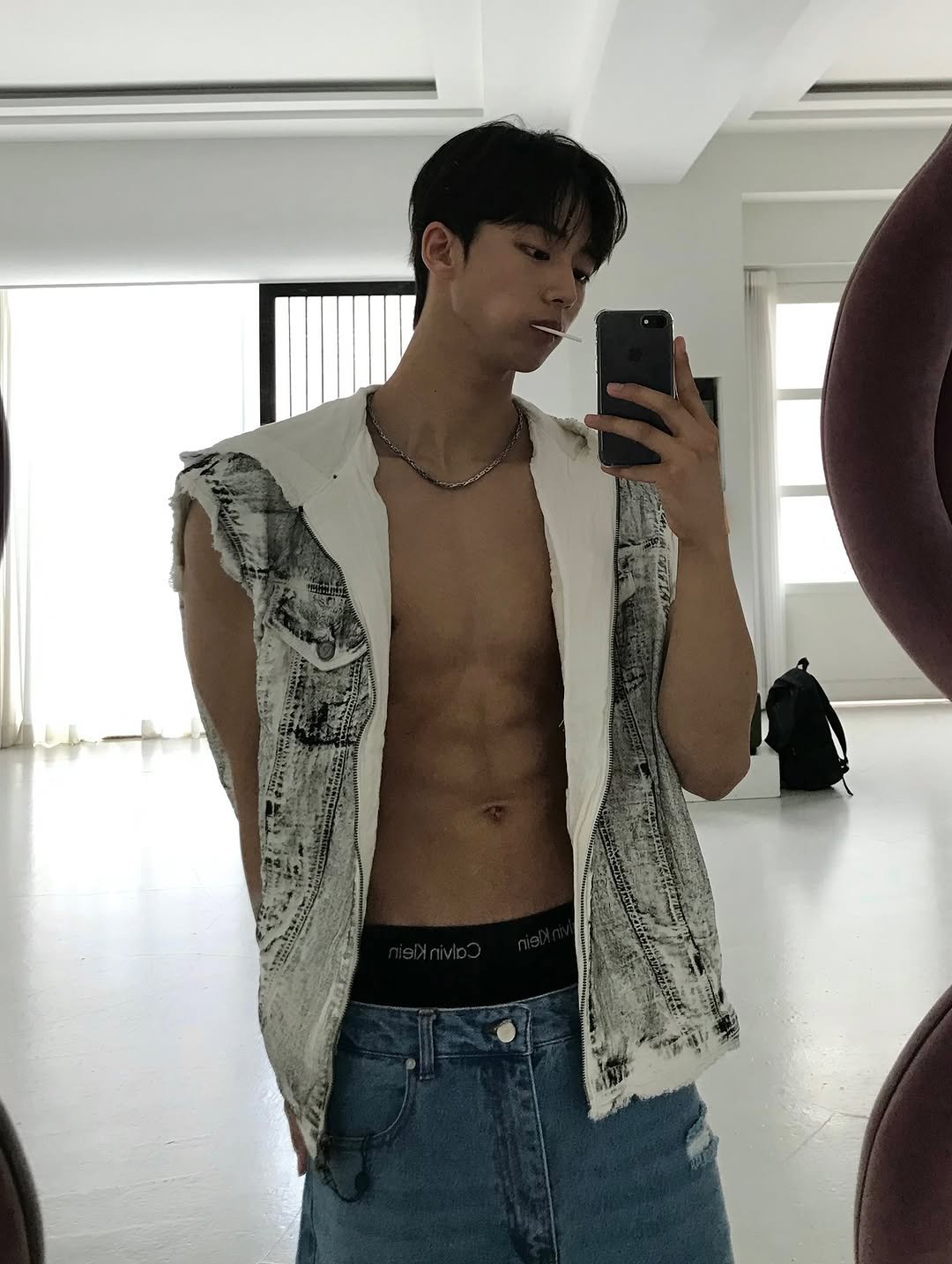 Photo shared by 조명식 on July 22, 2025 tagging @calvinklein, @makeup_sungmi, @studio_rustic_, and @boss._.peng. May be an image of 1 person, hair, bolo tie and text.