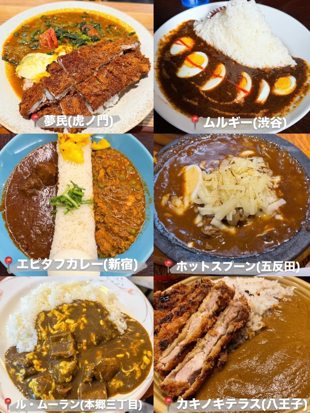 Photo by むにぐるめ（唯一無二の絶品グルメ） on April 27, 2026. May be an image of croquette, cutlet and text that says '夢民（虎ノ門） Opio ムルギー（渋谷】 エピタフカレー（新宿） エピタ ホットスプーン（五反田） ル・ムーラン（本郷三丁目） （本郷三丁目） カキノキデラス（八王子'.