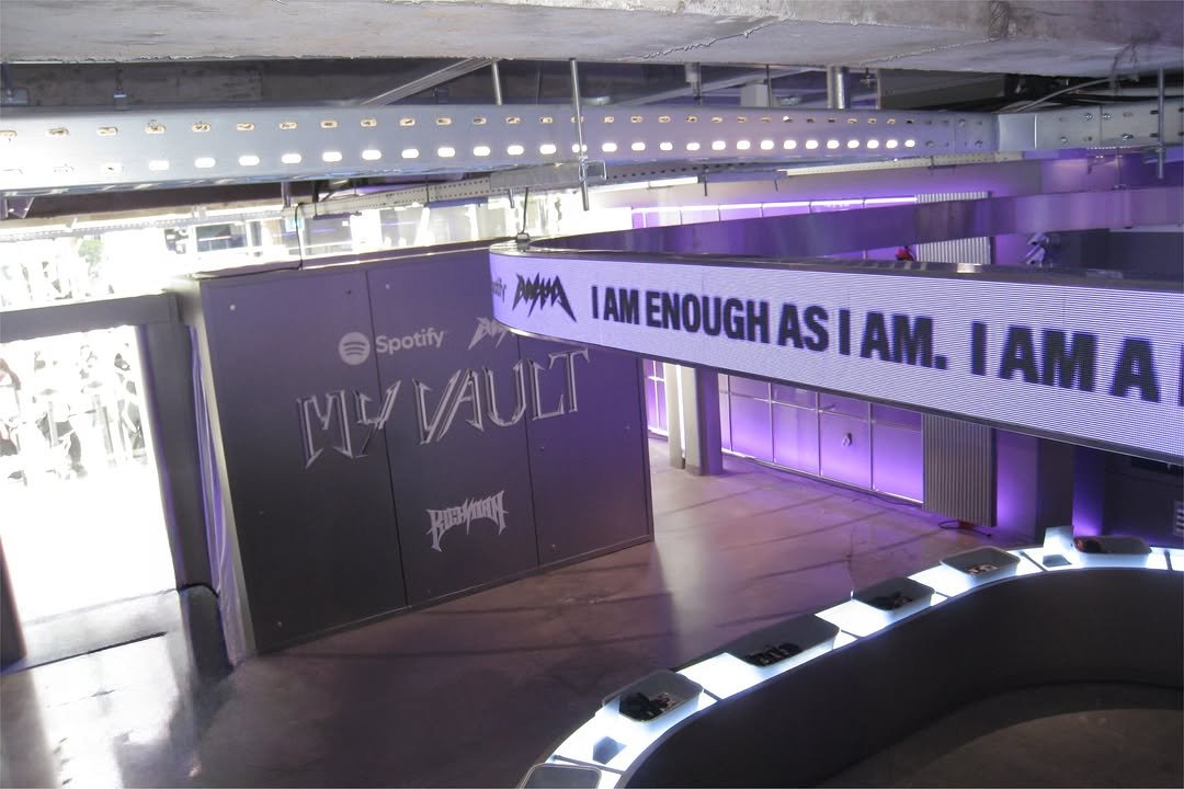 Photo shared by MUON on September 16, 2025 tagging @spotifykr, and @aespa_official. May be an image of lighting and text.