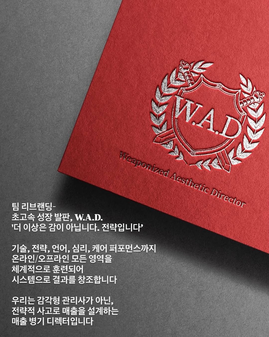 Photo shared by 파메스테틱 슈퍼젝션 입점교육 전문 | 에스테틱창업교육 피부복구센터 청주슈퍼젝션 | 뮤리엘대표 오한솔 on July 09, 2025 tagging @muri_l__ceo. May be an image of poster and text that says 'WRAD 暖財 Aesthetic Director Direetor 팀 리브랜딩- 초고속 성장 발판, W.A.D. '더 이상은 감이 아닙니다. 전략입니다' 기술, 전략, 언어, 심리, 심리,케어퍼 케어 퍼포먼스까지 온라인l오프라인도 모든 영역을 체계적으로 훈련되어 시스템으로 결과를 창조합니다 우리는 감각형 관리사가 아닌, 전략적 사고로 매출을 설계하는 매출 병기 디렉터입니다'.