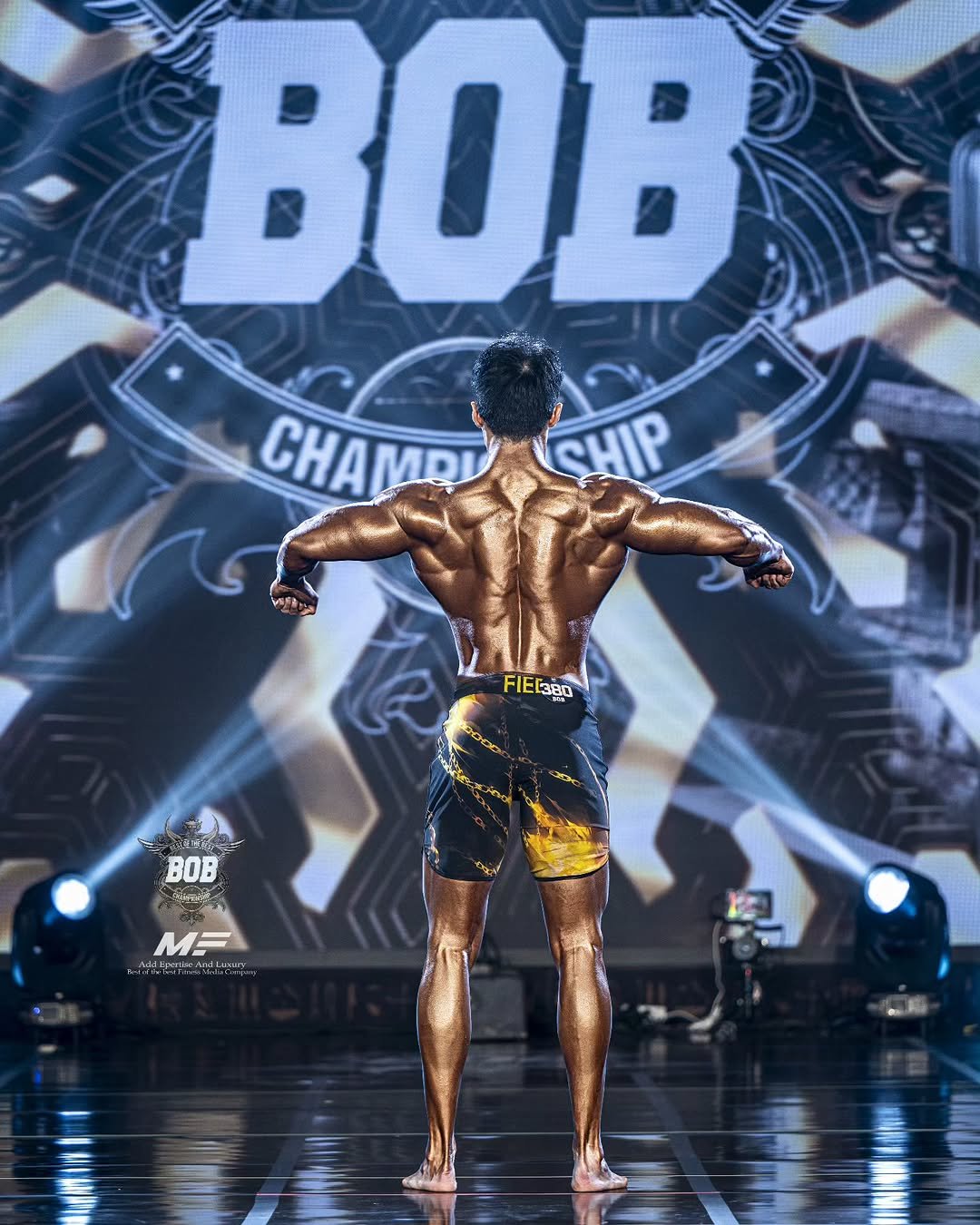 Photo shared by 상체충 좌용관 / 광주PT🌐 on September 12, 2025 tagging @musa_wngp_bob_korea, @fied_official, and @musa_wngp_modernfilm. May be an image of 1 person, biceps, body building and text.