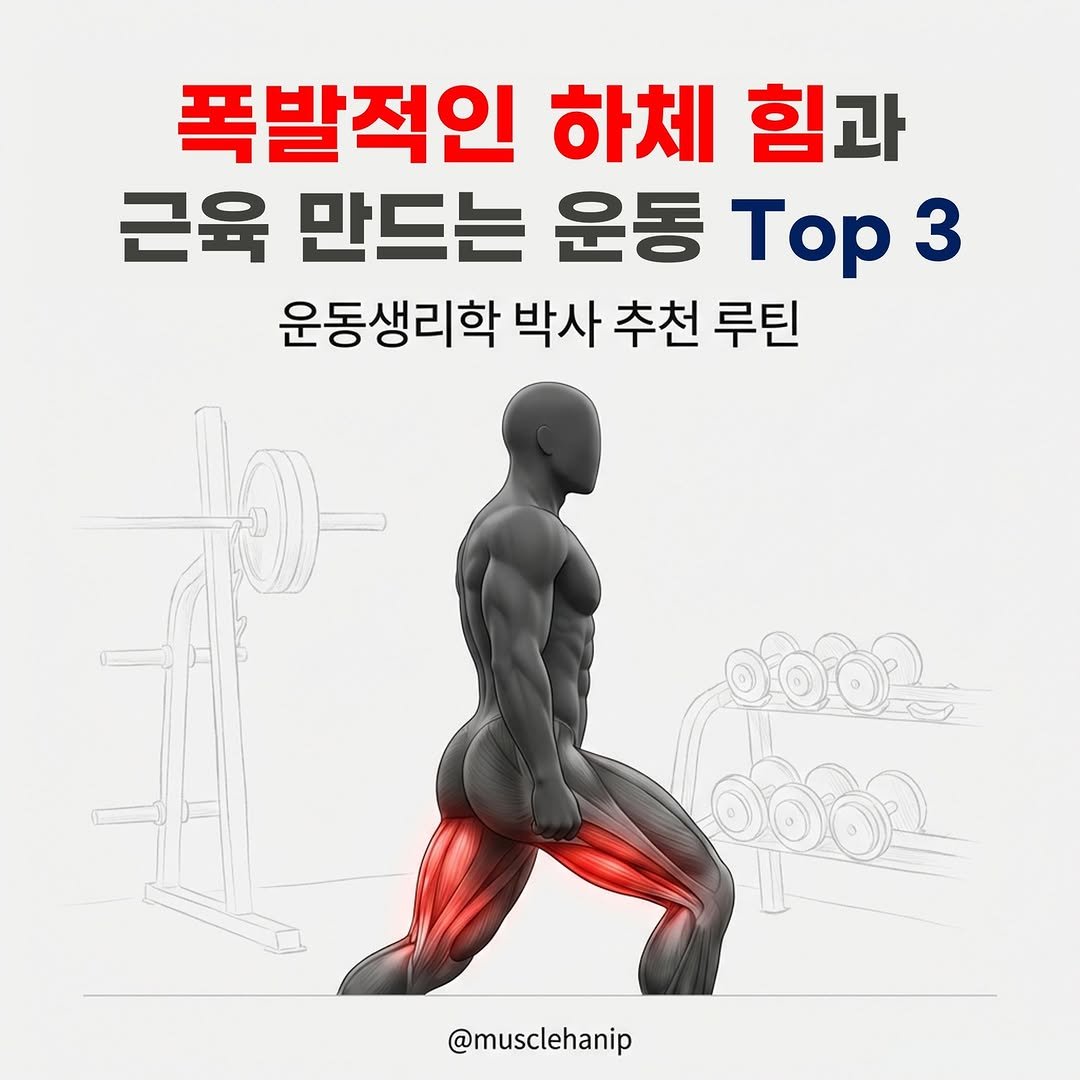 Photo by 오늘의 머슬한입 on January 25, 2026. May be an image of text that says '폭발적인 하체 힘과 근육 만드는 운동 Top 3 운동생리학 박사 추천 루틴 මමටට 0062 @musclehanip'.