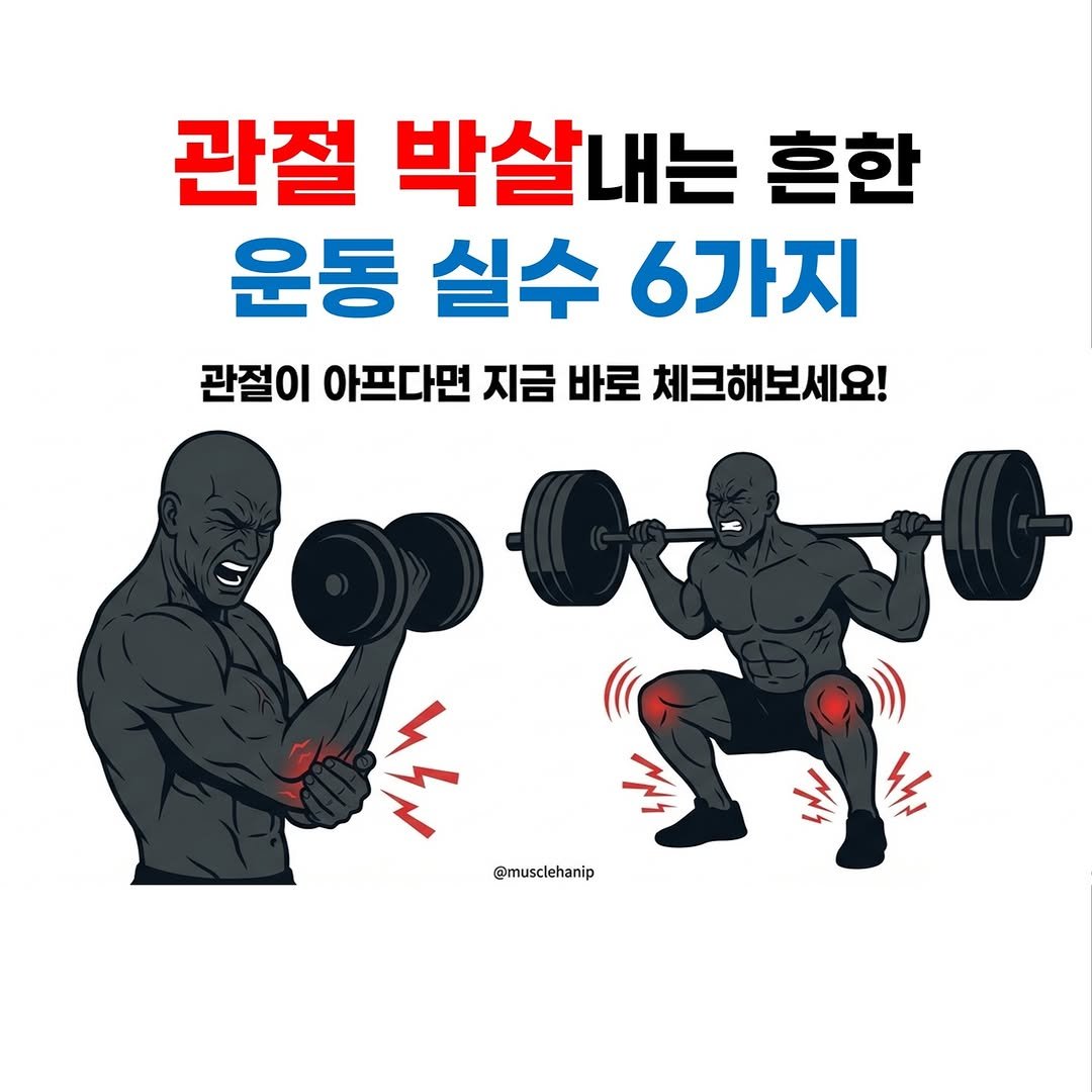 Photo by 오늘의 머슬한입 on January 10, 2026. May be an image of barbell and text that says '관절 박살내는 흔한 운동 실수 6가지 관절이 아프다면 지금 바로 체크해보세요! 小 @musclehanip'.