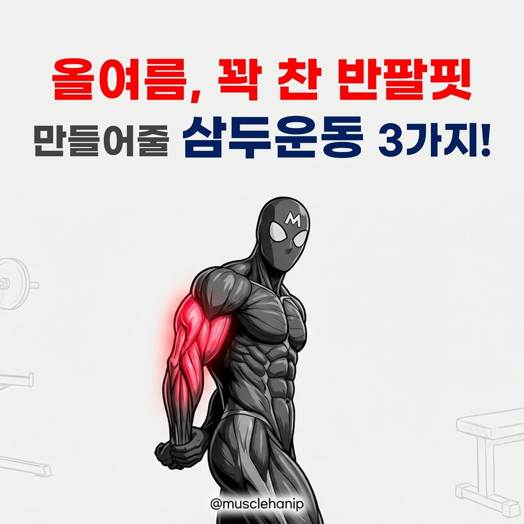 Photo by 오늘의 머슬한입 on February 18, 2026. May be an image of text that says '올여름, 꽉 찬 반팔핏 만들어줄 삼두운동 3가지! m @musclehanip'.