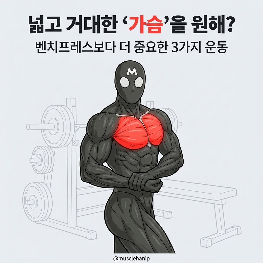 Photo by 오늘의 머슬한입 on February 03, 2026. May be a doodle of one or more people, biceps, people bodybuilding, poster and text that says '넓고 거대한 '가슴'을 원해? 벤치프레스보다 프레 스보다 더 중요한 3가지 운동 벤치, M အ် @musclehanip'.