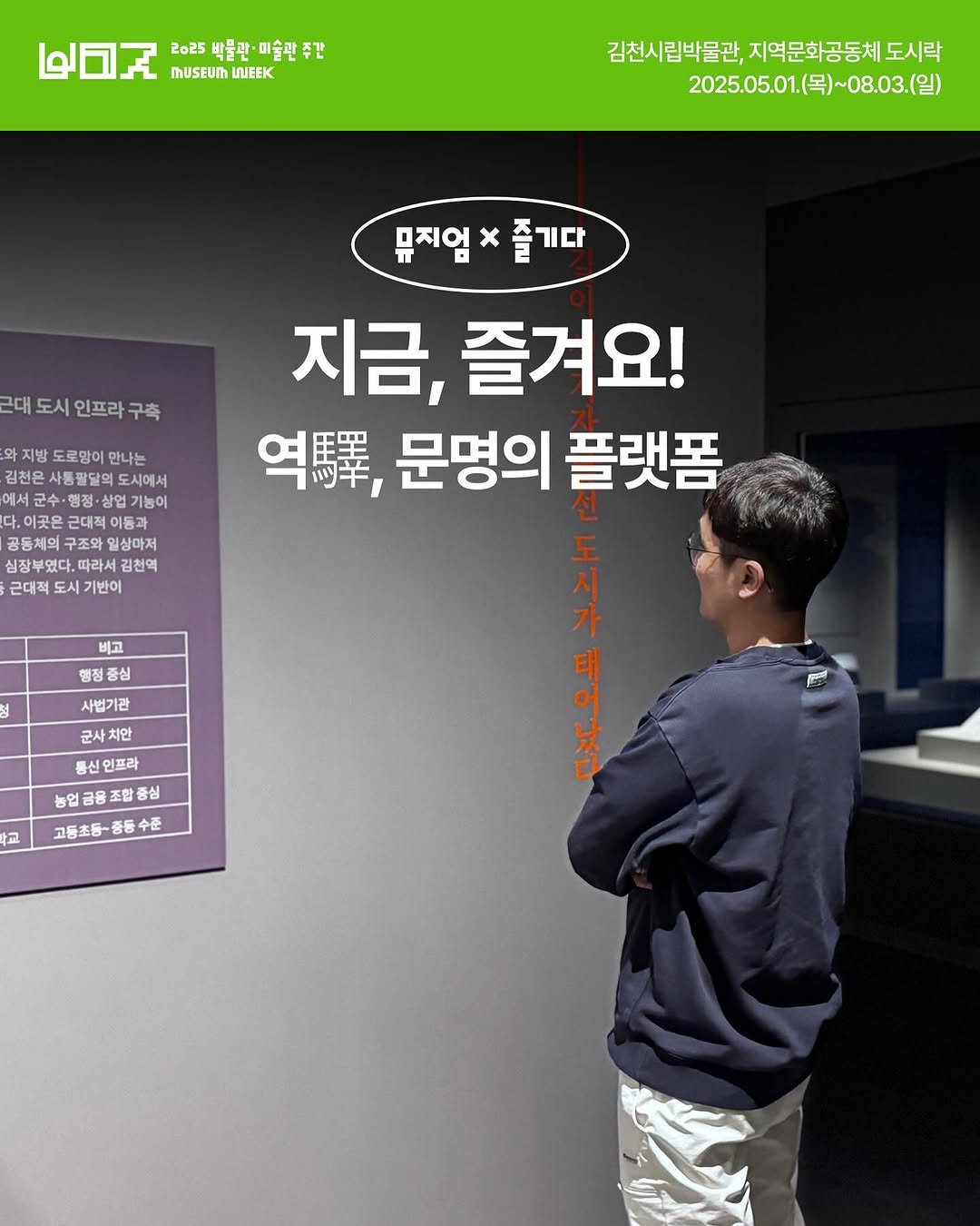 Photo by 박물관·미술관 주간 𝗠𝘂𝘀𝗲𝘂𝗺 𝗪𝗲𝗲𝗸 on July 22, 2025. May be an image of 1 person and text that says 'ሳመጂ ២២ Zo25 백글판 박물관·미술판주간 주간 MUSEUM LUEEK 김천시립박물관, 지역문화공동체도시를 2025.05.01. 2025.05.01.(号)~08.03.(日) 루)~08.03.(일) 근대 도시 인프라 구축 지방 도로망이 만나는 김천은 사통팔달의 시에서 에서 ごい・ 기능이 .이곳은 근대적 이동과 공동체의 공동계의구조화워심라전 구조와 일상마저 심장부였다. 김천역 근대적 도시 기반이 뮤지엄*즐기다 즐기다 뮤지엄 지금, 즐겨요! 역., 문명의 플랫폼 그. 시 도 어 비고 방정중심 중심 사법기관 군사 군사치안 치안 통신 통신언프라 인프라 농업금용조 용조합 농업금융조합중심 육조환 증심 고등초등~종동수준 수준 교'.