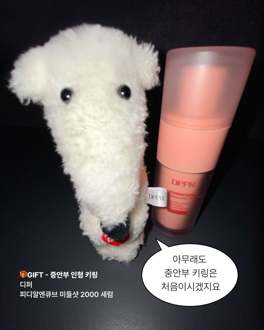 Photo by 무신사 뷰티 MUSINSA BEAUTY on September 27, 2025. May be an image of Bedlington terrier, hair product, hand cream, lotion and text that says 'DPPP DPPR DOE NC M .T-중안부 GIFT 중안부 인형 키링 디퍼 피디알엔큐브 미들샷 2000 2000세럼 세럼 아무래도 중안부키링은 중안부 키링은 처음이시겠지요 시겠'.