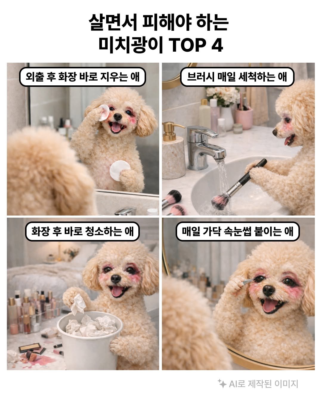 Photo by 무신사 뷰티 MUSINSA BEAUTY on December 30, 2025. May be an image of Pekinese, magazine and text that says '살면서 피해야 하는 미치광이 TOP 4 외출 후 화장 바로 지우는 지우는애 애 브러시 매일 세척하는 애 화장 후 바로 청소하는 애 매일 가닥 속눈썹 붙이는애 애 A로 제작된 이미지'.