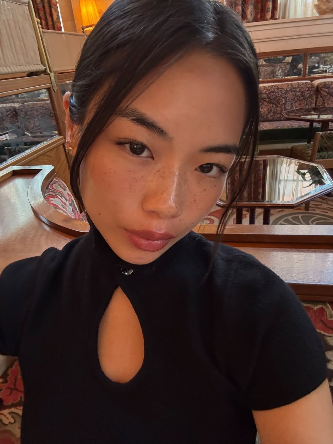 Photo shared by mary on April 03, 2026 tagging @withjean. May be a selfie of one or more people, makeup, hair, eyeliner, turtleneck and text.