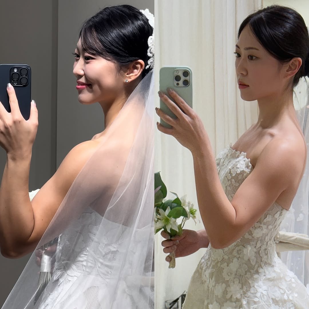 Photo by 안채린 on May 14, 2025. May be an image of 2 people, hair, baby's-breath, wedding and text.