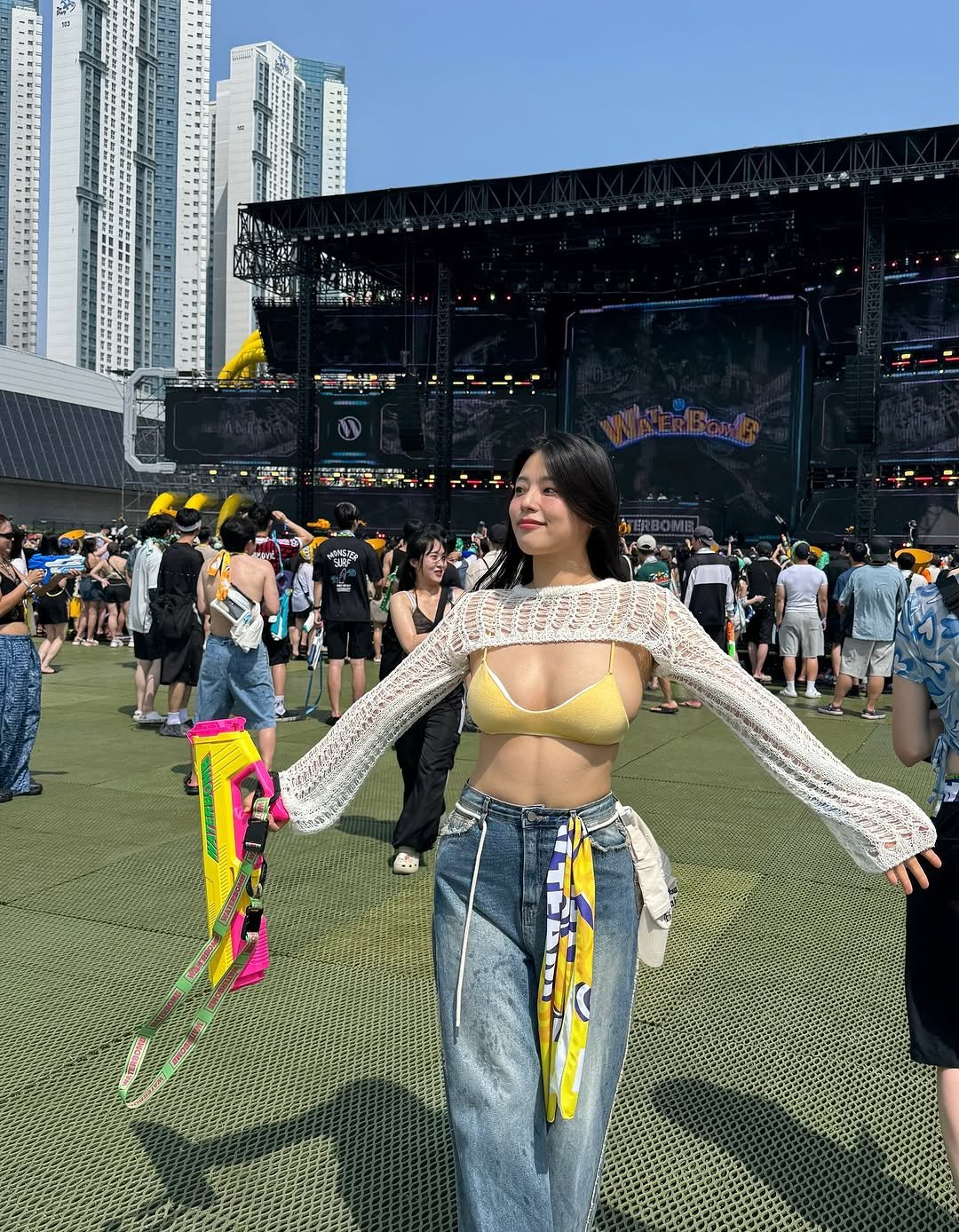 Photo shared by 내맘코 on July 05, 2025 tagging @waterbomb_official. May be an image of 8 people, fishnet stockings and text.