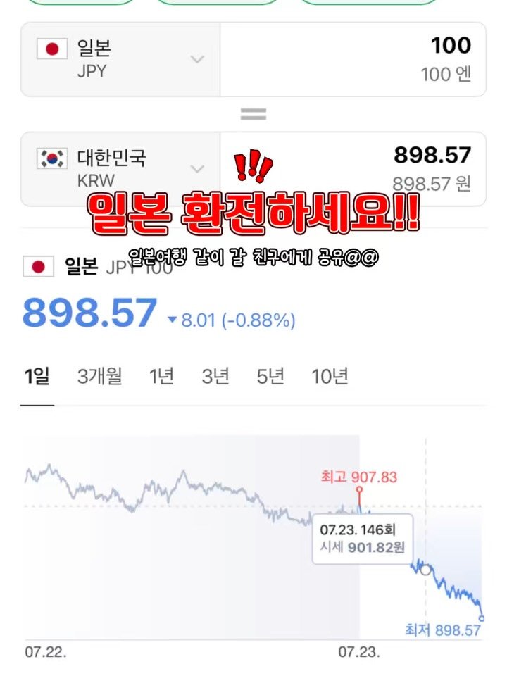 mymin0112 게시물 이미지: 800원대라니👍🏻👍🏻

미리 환전 해 두세요
곧 일본여행 특가도 뜰...