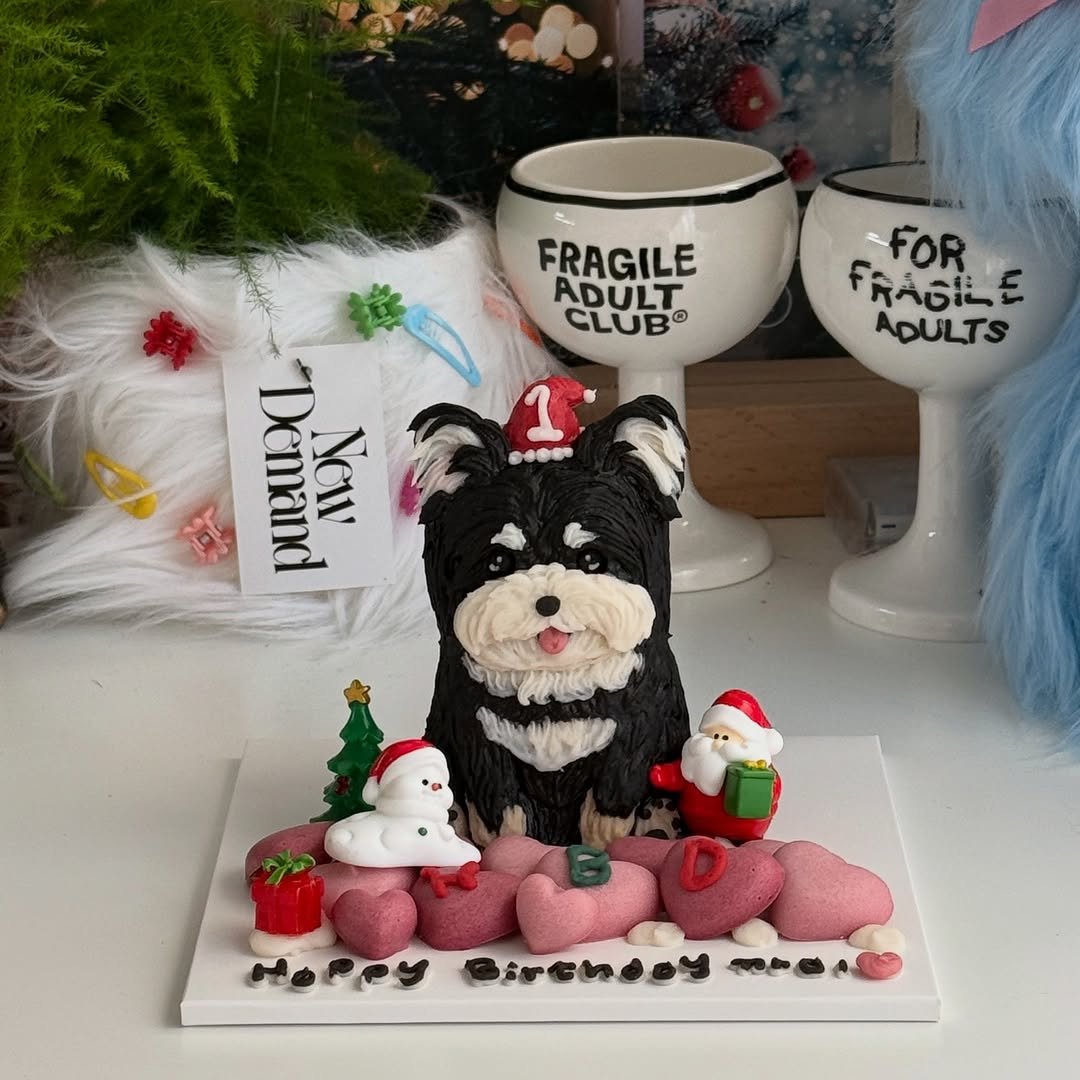 Photo shared by 앤디어 |강아지케이크  | 서울강아지케이크클래스 | 서울강아지케이크 on December 09, 2025 tagging @n.dear_ing. May be an image of toy, fur, teacup and text that says 'FRAGILE ADULT CLUB® FOR ADULTS ФeФe Demand Naw D Sirenooy まの物'.