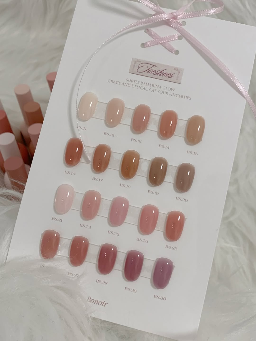 Photo shared by 네일 데이주드♡̴ / 신사네일 압구정네일 on March 30, 2026 tagging @bonoir_official. May be an image of one or more people, fingernails and text that says 'SUSTLE BALLERINA GLOW Joeshoes GRACE AND DELICACY AI YOUR FINGERTIPS S.11 BS.12 BS.13 00000 13 BS BS.14 BSI 15 BS. 16 BS.17 RS.18 18 RS. BS.19 19 BS. BS.21 B8.20 BS22 BS ๑๑ BS.23 BS.24 BS.25 R8.27 B8.28 28 BS BS29 Bonoir Bonoir BS.30'.