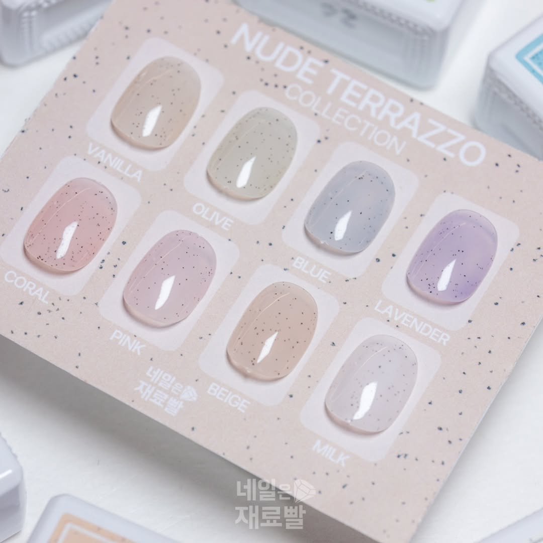 Photo by 가성비 네일재료 맛집❤ 네일은재료빨 on September 25, 2025. May be an image of ‎one or more people, fingernails and ‎text that says '‎VANILLA VANILLA NUDE SACOLLECTION LECTION TERRAZZO ه٠ OLIVE OLIVE 1 LAVENDER LAVENDER CORAL CORAL aLUS BLUE. PINK PINK 穿料 네일은을 BEIGE BEIGE MILK 네알은 재료빨‎'‎‎.