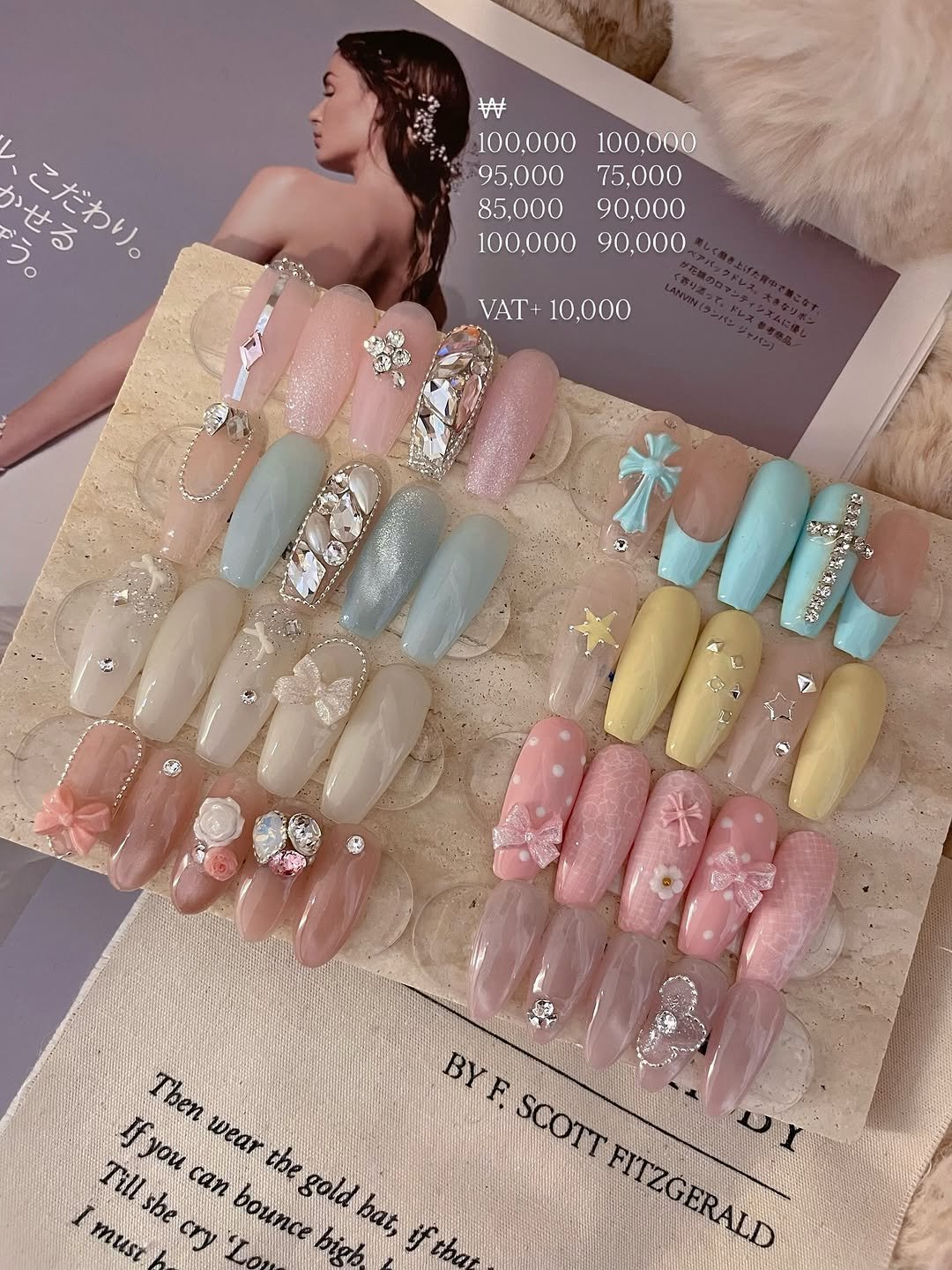 Photo shared by 네일리쉬[일산네일• 라페스타네일•장항동네일] on March 31, 2026 tagging @nail___k_, and @nail.mim_. May be an image of one or more people, fingernails and text that says 'う・ せる こだわり。 አችትጵህ 拼 100.000 100,000 95,000 75.000 85,000 90,000 100.000 90,000 VAT+ VAT+10,000 10,000 ዓ÷ 2a 求ば Tben Ifyou can I bounce bigh. wear the gold hat, if must Tillshe sbe cry BY F. SCOTT SCOTT FITZGERALD RITZGERALD'.