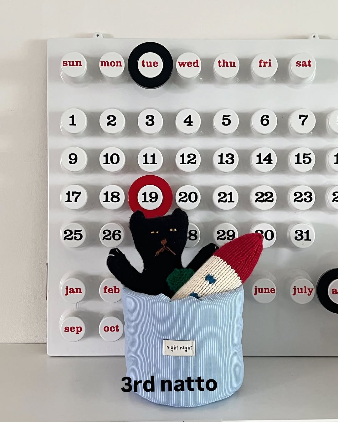 Photo by 나잇나잇 night night on September 07, 2025. May be an image of childrens toy, calendar, crossword puzzle, can opener, typewriter, clipboard, ruler, poster and text that says 'sun mon tue wed thu fri sat 1 2 3 4 5 9 6 7 10 11 12 13 17 14 18 15 19 20 21 25 22 23 26 29 BO 31 jan feb june sep oct a july july night nightnight night 3rd 3rdnatto natto'.