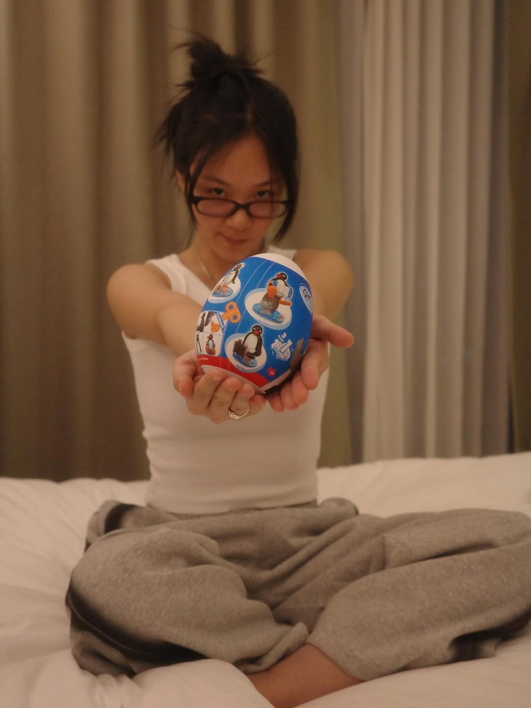 Photo by 비비 on October 05, 2025. May be an image of 1 person, heart, sleepwear, paper weight, Easter egg and text.