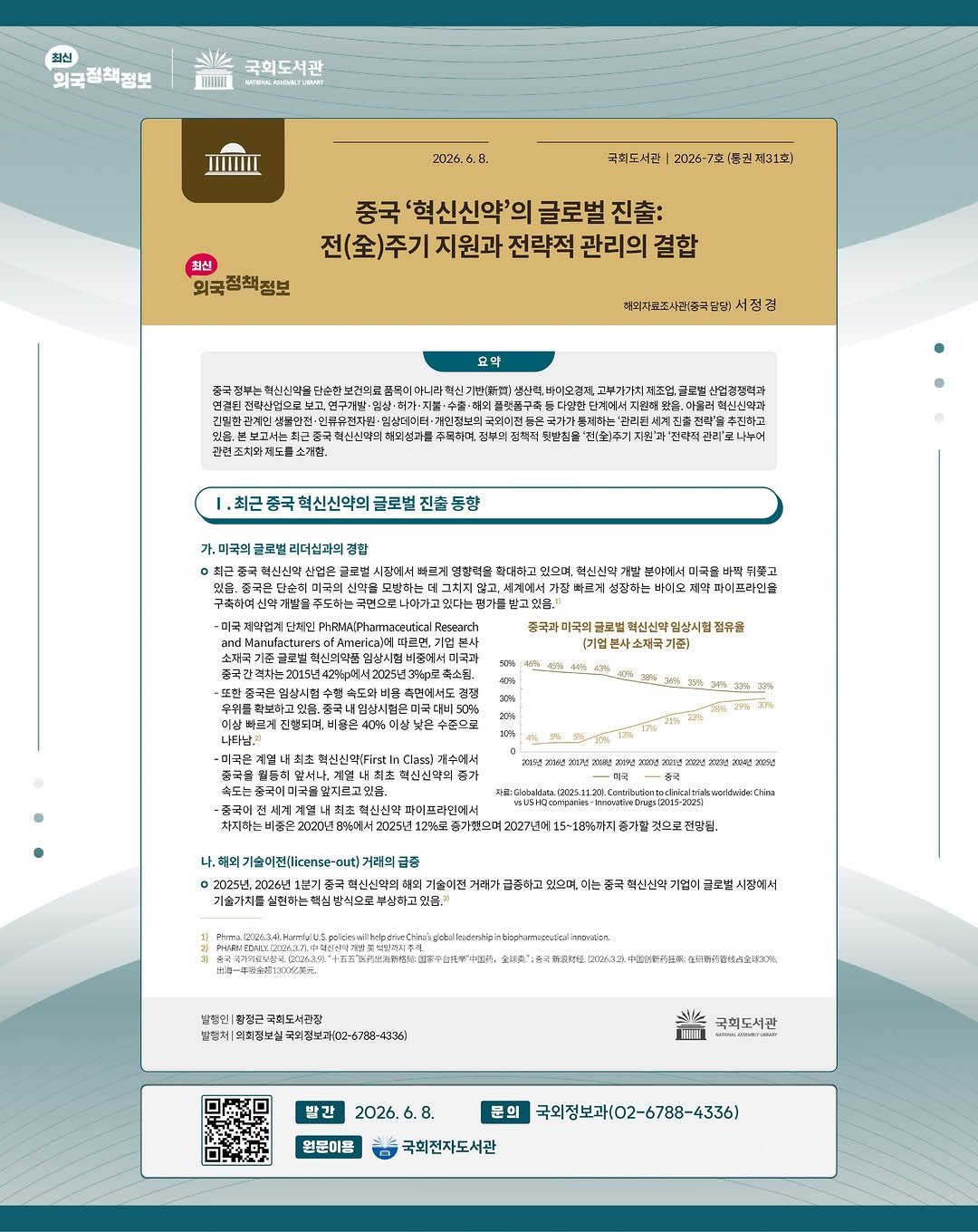 nal_kr 게시물 이미지: 국회도서관 최신외국정책정보 2026-7호 발행
▶중국 '혁신신약'의 글로벌 진출:...