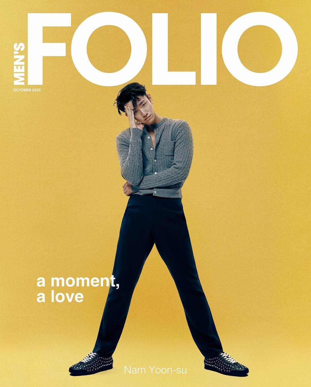 Photo shared by MEN’S FOLIO Singapore on October 07, 2025 tagging @onitsukatigerofficial, @nam_yoonsu, and @onitsukatigersg. May be an image of 1 person, poster, magazine and text that says 'AE FOLIO 2025 OCTO OCTOBER DBER a moment, a love が : NamYoon-su Nam Yoon-su'.