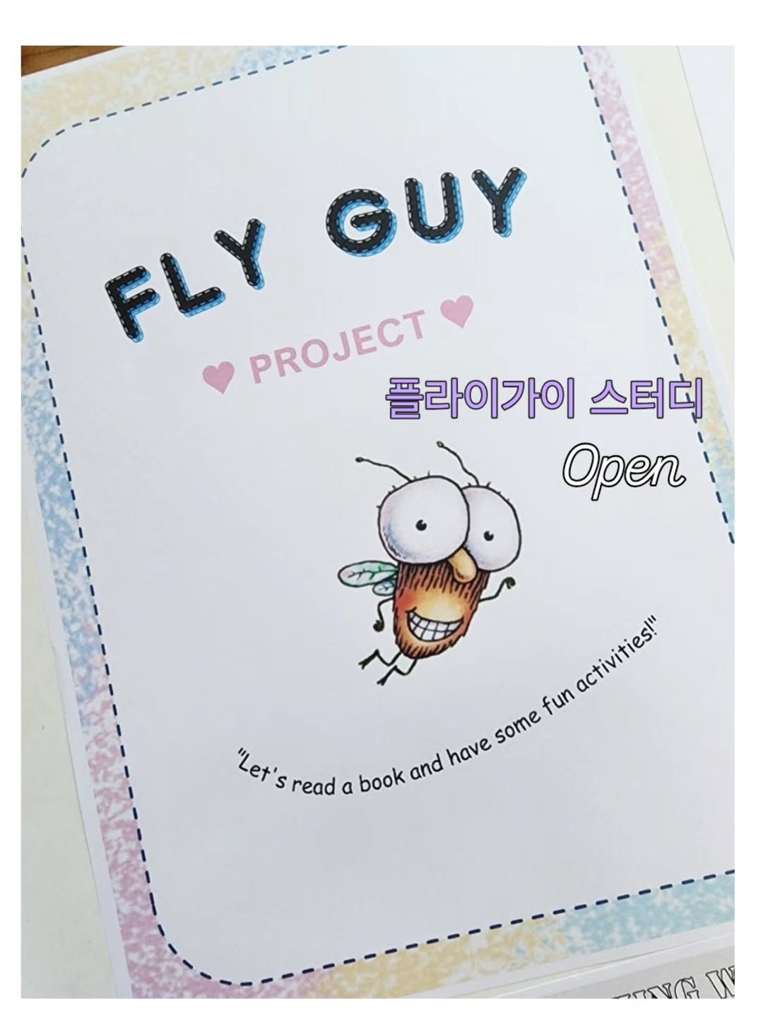Photo by 나나샘 on December 26, 2025. May be a doodle of poster, card, magazine and text that says 'GUY FLY PROJECT 플라이가이 스터회 Open ΥΗΝΝΨΜΗ fun octivities" activities!" activities!" some "Let' "Let's s read a book and have ครงศ้ W'.