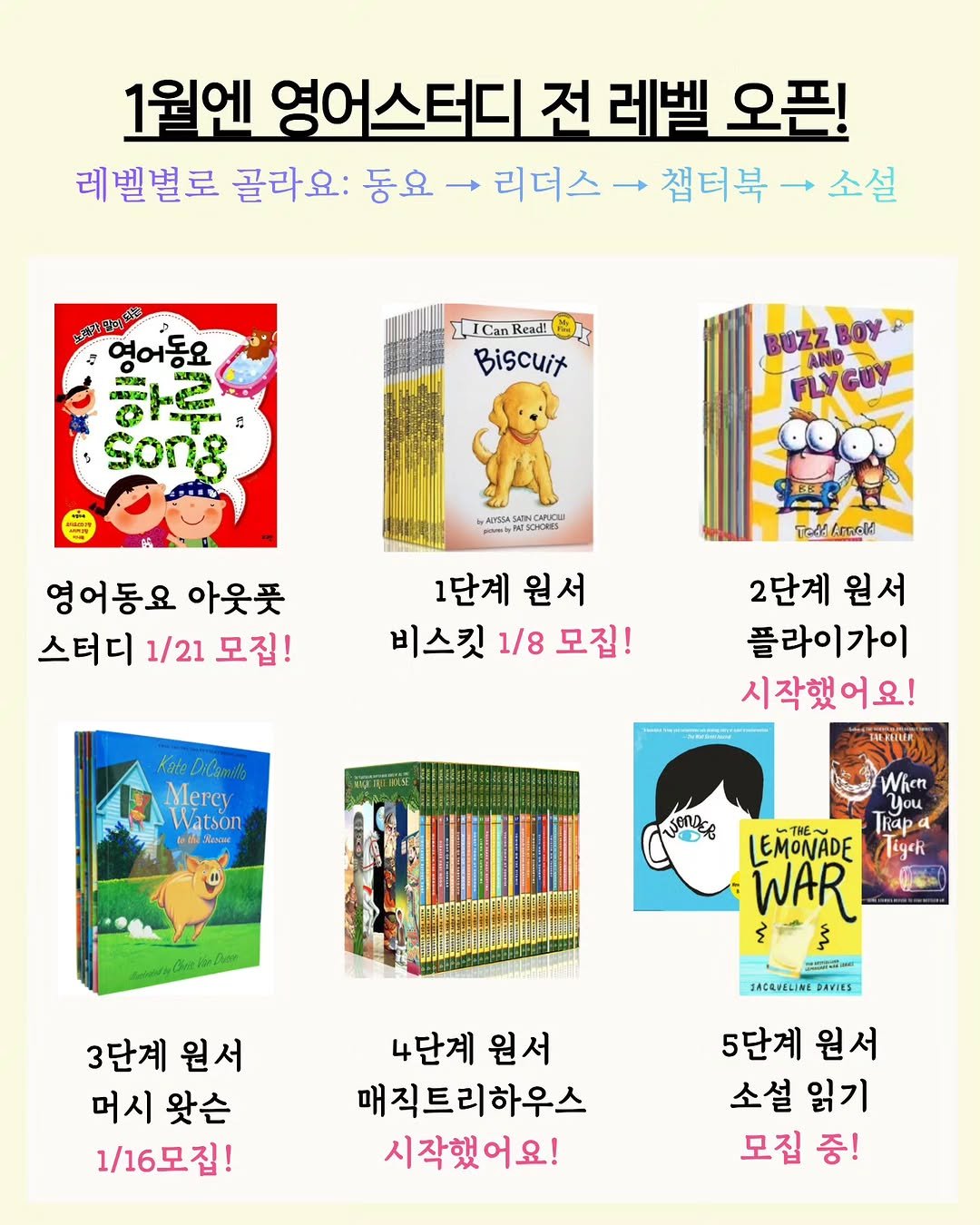 Photo by 나나샘 on January 07, 2026. May be an image of book, poster and text that says '1월엔 영어스터디 전 레벨 오픈! 레벨별로 골라요: 동요 → 리더스 챔터북- 챔터북-소설 → 소설 慧夢を雲者 영어동요 បក្ប "មក្កដិ song 1ICan Read! Biscuit BUZZ BUZZBOY BOY FLYGUY NCARCRI 영어동요 아웃풋 스터디 1/21 모집! Tedh TeddGrnotd 1단계 원서 비스킷 1/8 모집! 2단계 원서 플라이가이 시작했어요! Kate KateDiComillb DiCo Merev Watson When വവട് Thap LEMONADE ligeR WAR JACARELINEBAVIES BAVIES 3단계 원서 머시 왓슨 1\/16모집! 4단계 원서 매직트리하우스 시작했어요! 5단계 원서 소설 읽기 모집 중!'.