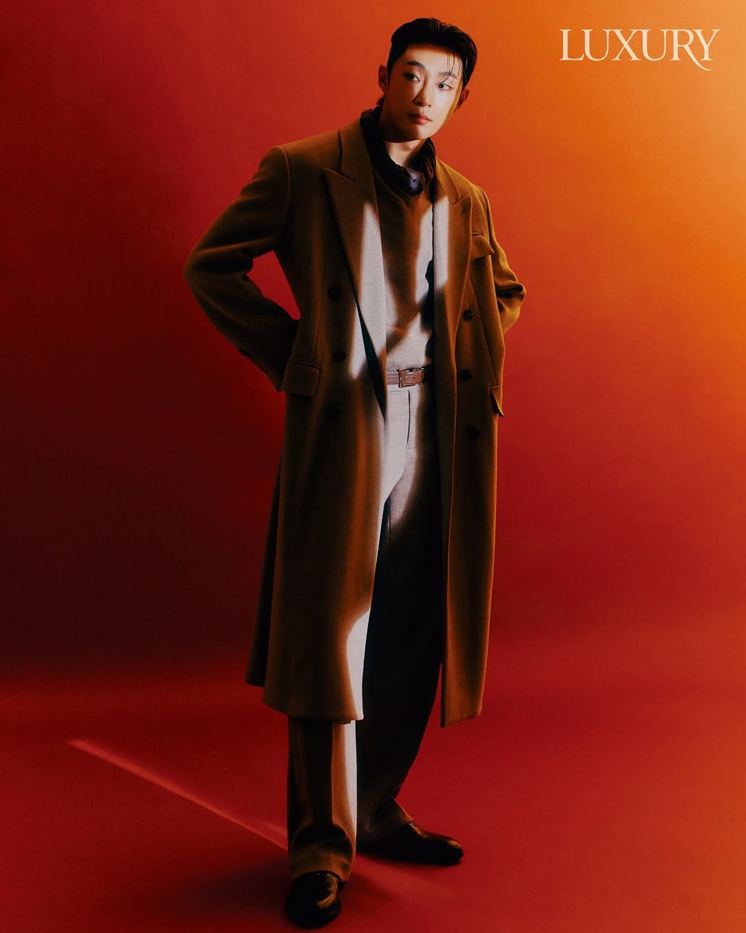 Photo by 배나라 on December 25, 2025. May be an image of overcoat, suit, duffle coat, poster, magazine and text that says 'LUXURY'.