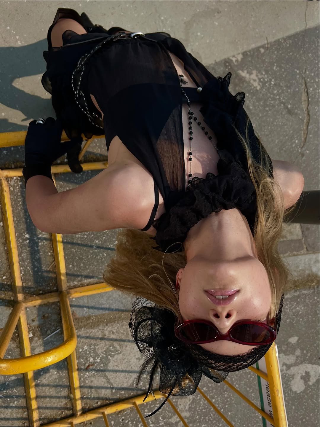 Photo shared by Choi Na Rang 최나랑 on September 12, 2025 tagging @_silver_kim_, @byebyeol, @u.zyu, @yoonjinchoe, and @blueelephant.co. May be an image of 1 person, makeup, fishnet stockings, slide, glasses, eye patch and text.