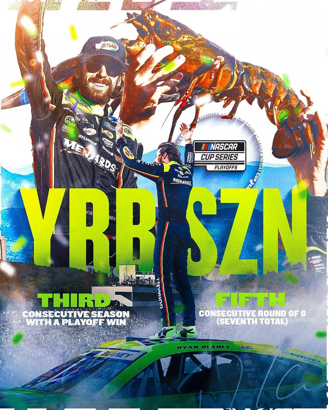 Photo shared by NASCAR on September 22, 2025 tagging @ryanblaney10, @team_penske, and @nhms. May be an image of 2 people, magazine, poster and text.