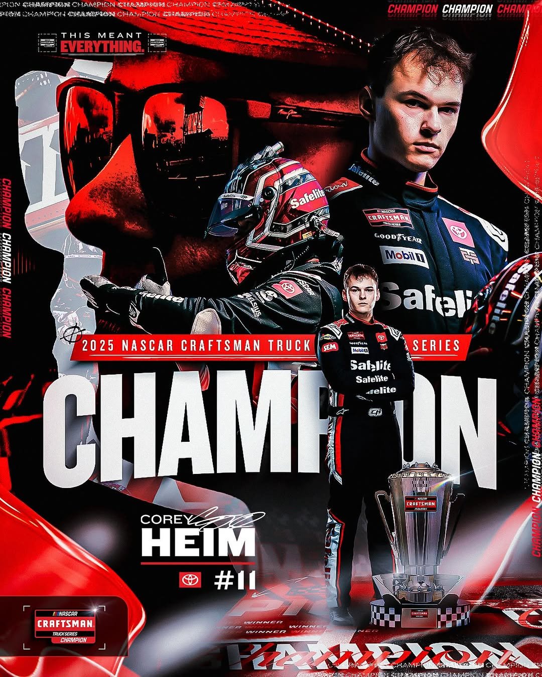 Photo shared by NASCAR on October 31, 2025 tagging @phoenixraceway, @tricongarage, and @corey.heim. May be an image of racing vehicles, banner, race car, poster and text.