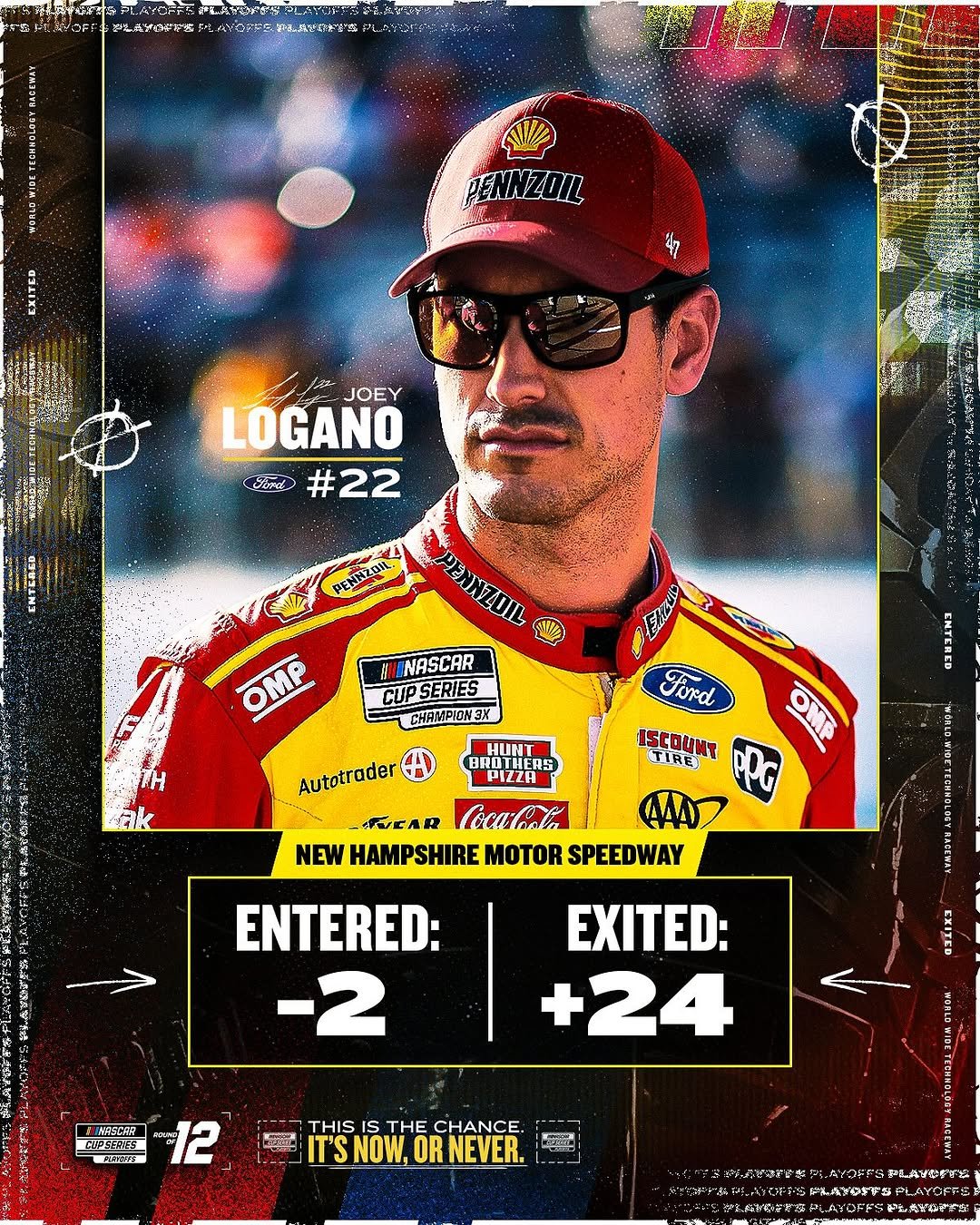 Photo shared by NASCAR on September 22, 2025 tagging @joeylogano, @team_penske, and @nhms. May be an image of 1 person, racing a vehicle, card, poster and text.