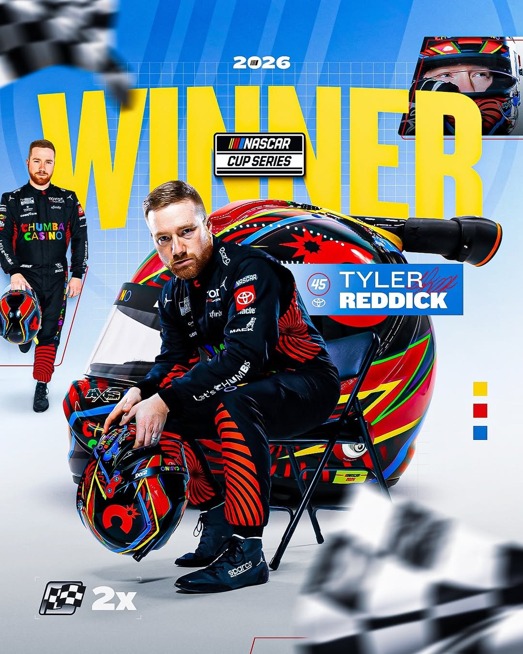 Photo shared by NASCAR on February 22, 2026 tagging @echoparkspeedway, @tyler_reddick, and @23xiracing. May be an image of racing vehicles, poster, helmet and text.